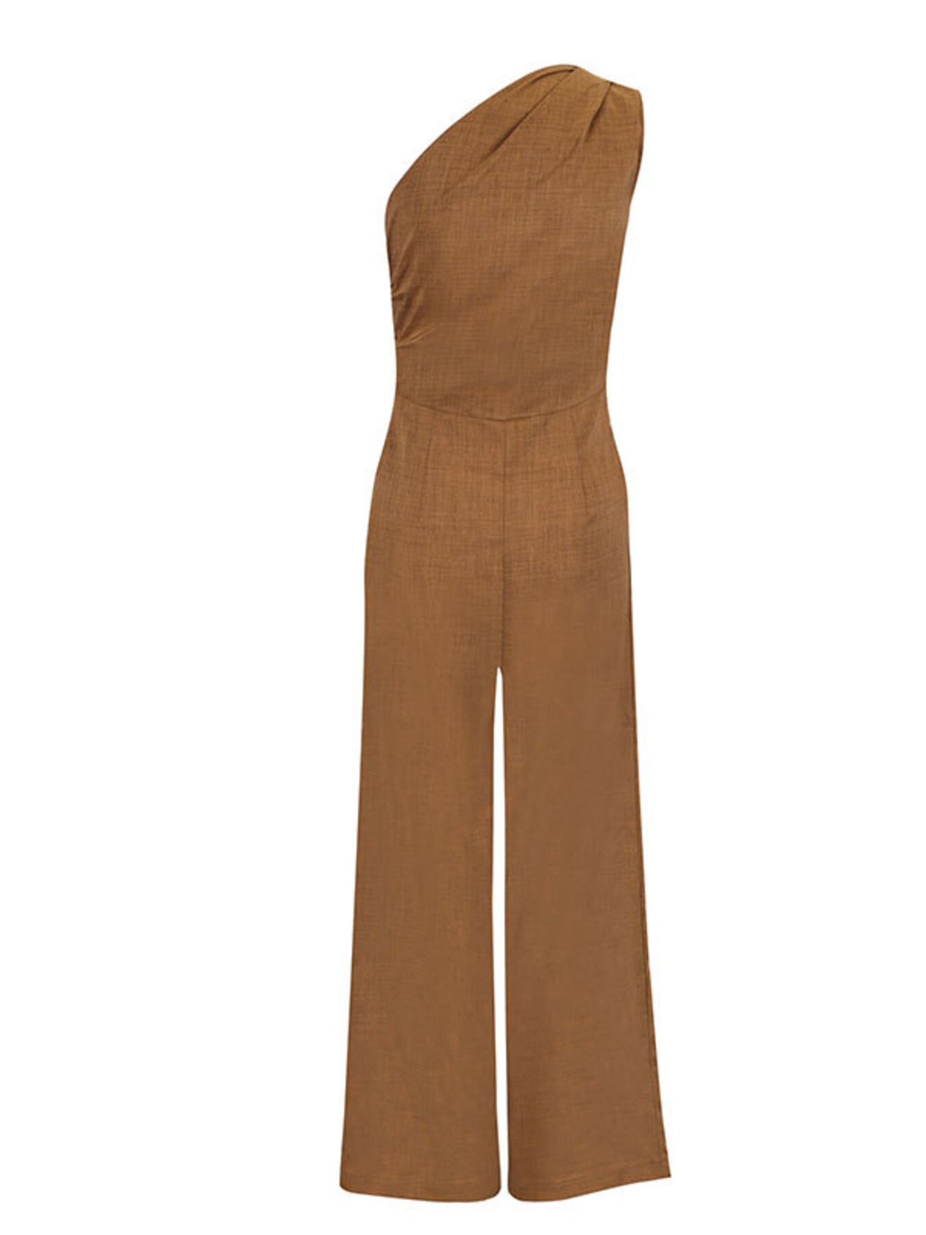Brown one-shoulder wide leg jumpsuit with ruched detail and textured fabric.