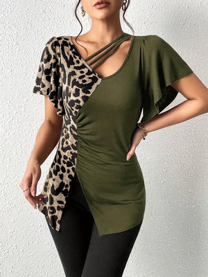 Asymmetric leopard paneled blouse in moss with cutout neckline and ruched side detail.