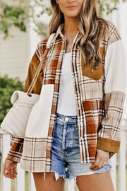 Patchwork plaid shacket in sherbet tones with button front and mixed textures.