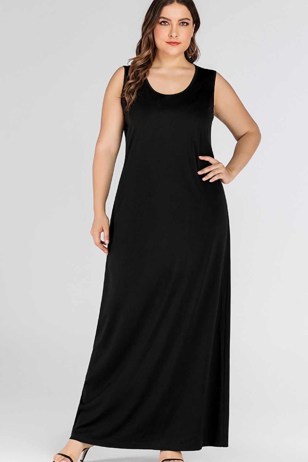 Black scoop-neck sleeveless maxi column dress with a relaxed fit.
