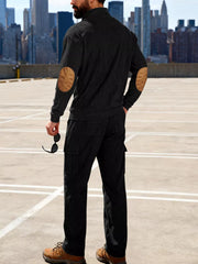 Men's Casual Button Detail Top And Pants Set in Gray, model styling view