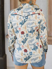 Milky White rodeo print long sleeve button-up shirt with cacti, horseshoes, and roses.