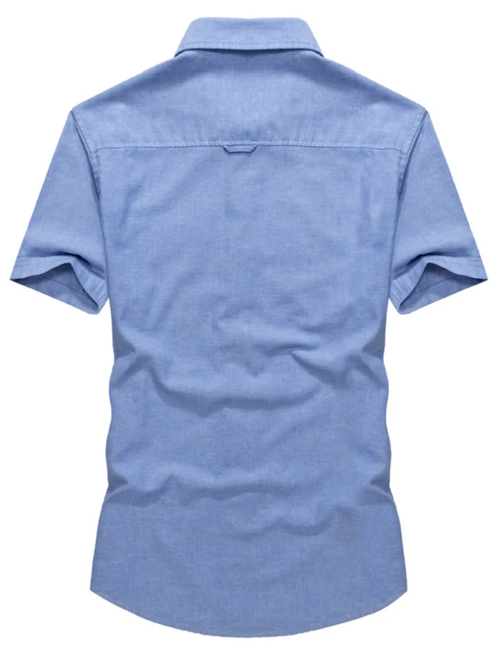 Men's sky blue short sleeve cotton button-down shirt with back yoke detail.