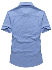 Men's sky blue short sleeve cotton button-down shirt with back yoke detail.