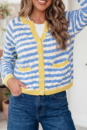 Button-down V-neck Knit Long-sleeve Top in Light Blue, model styling view