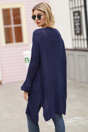 Dark Blue textured open-front maxi knit cardigan with cuffed sleeves and a high-low hem.