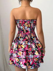 Strapless Smocked Floral Tiered Mini Dress in Color, back view