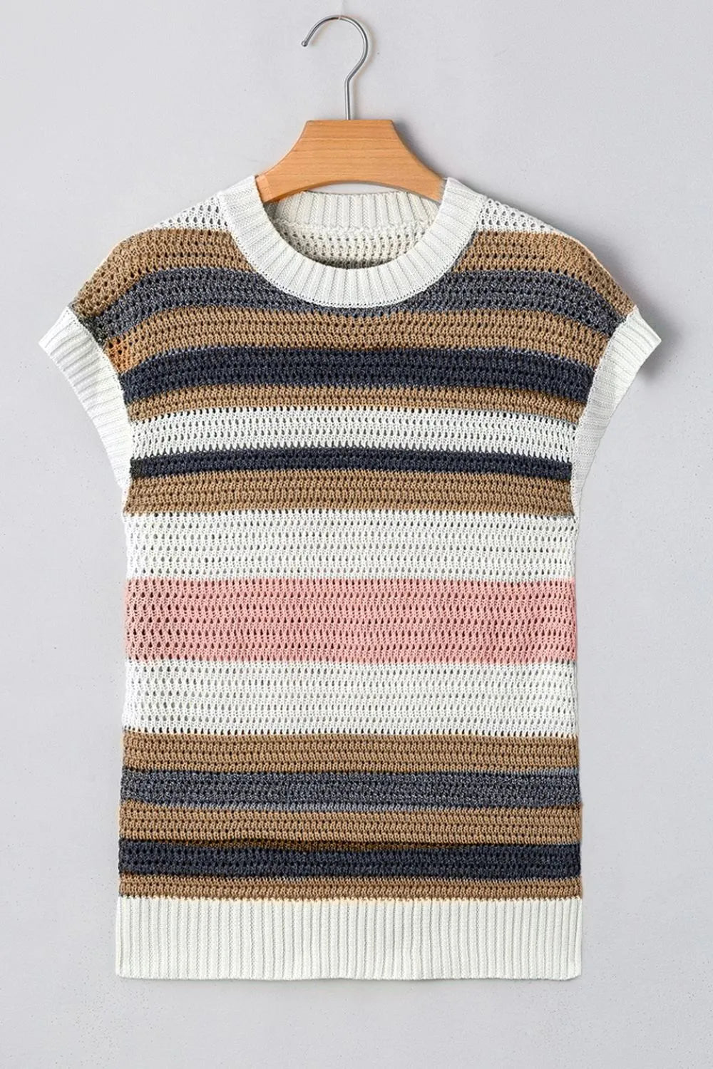 Open knit boxy tee with horizontal stripes in white, dusty pink, brown, and navy.