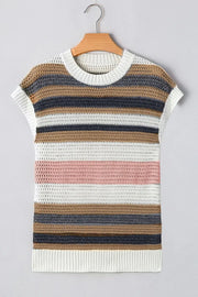 Open knit boxy tee with horizontal stripes in white, dusty pink, brown, and navy.
