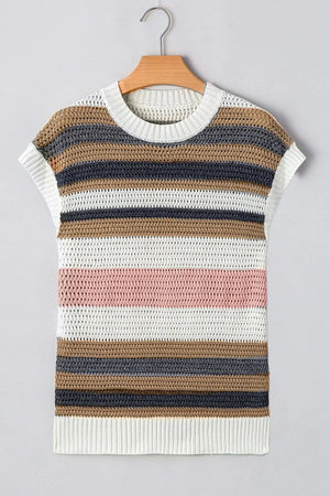 Open knit boxy tee with horizontal stripes in white, dusty pink, brown, and navy.
