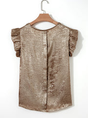 Gold ruffled cap sleeve blouse with button back detail