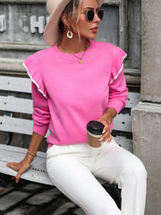 Pink crew neck sweater with contrast trim ruffle shoulders