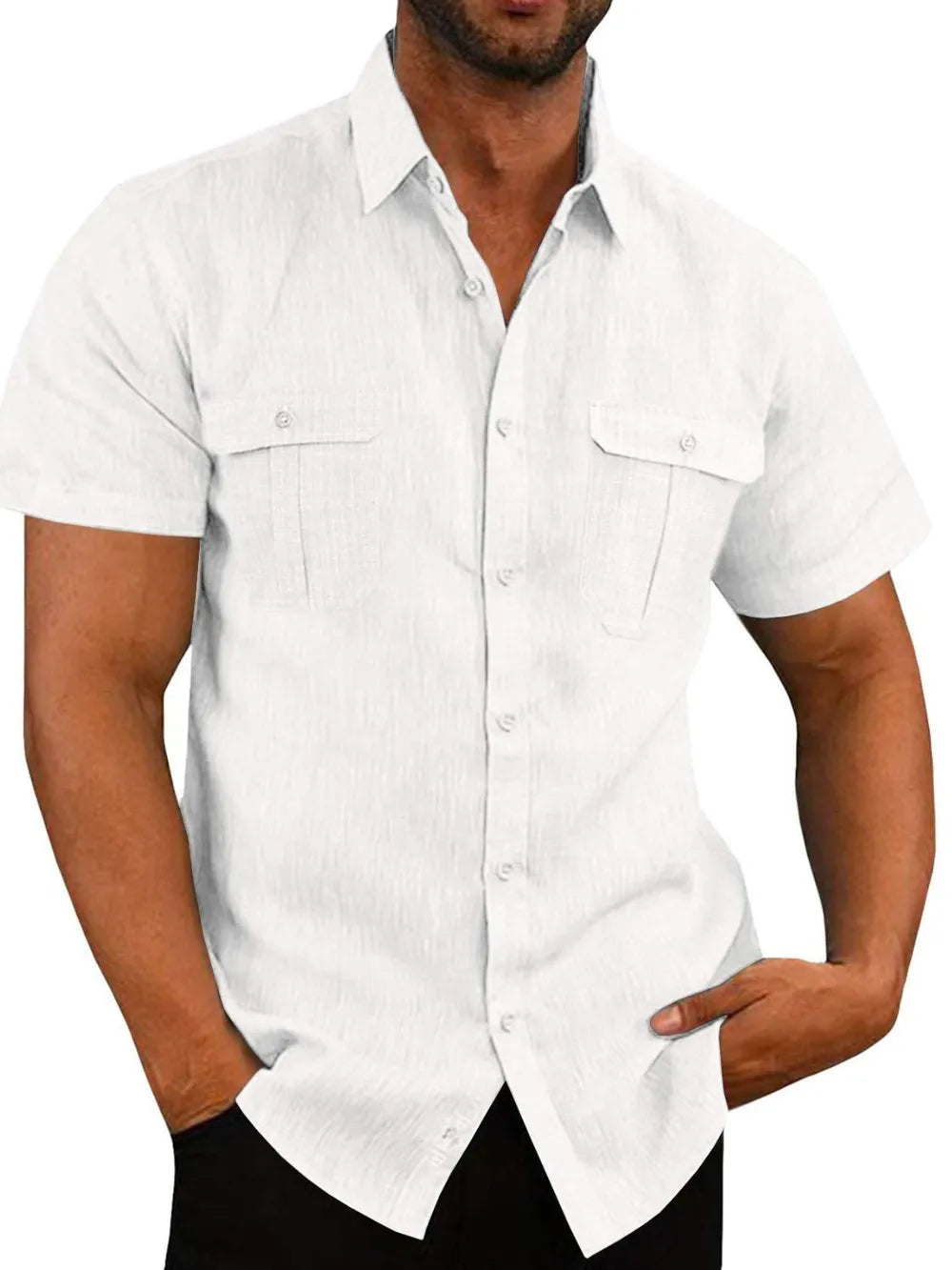 Men's white textured linen utility shirt with short sleeves and two chest pockets.