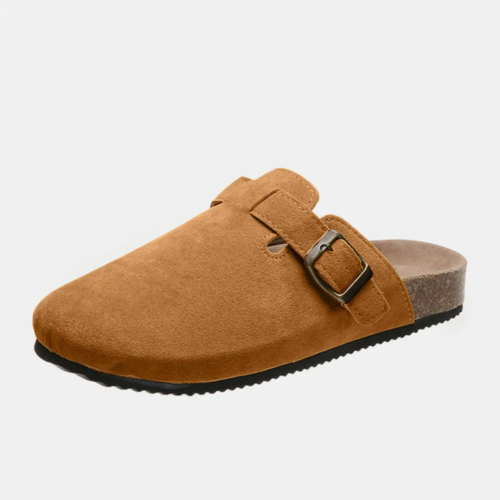 Caramel suede clog slides with adjustable buckle and cork sole