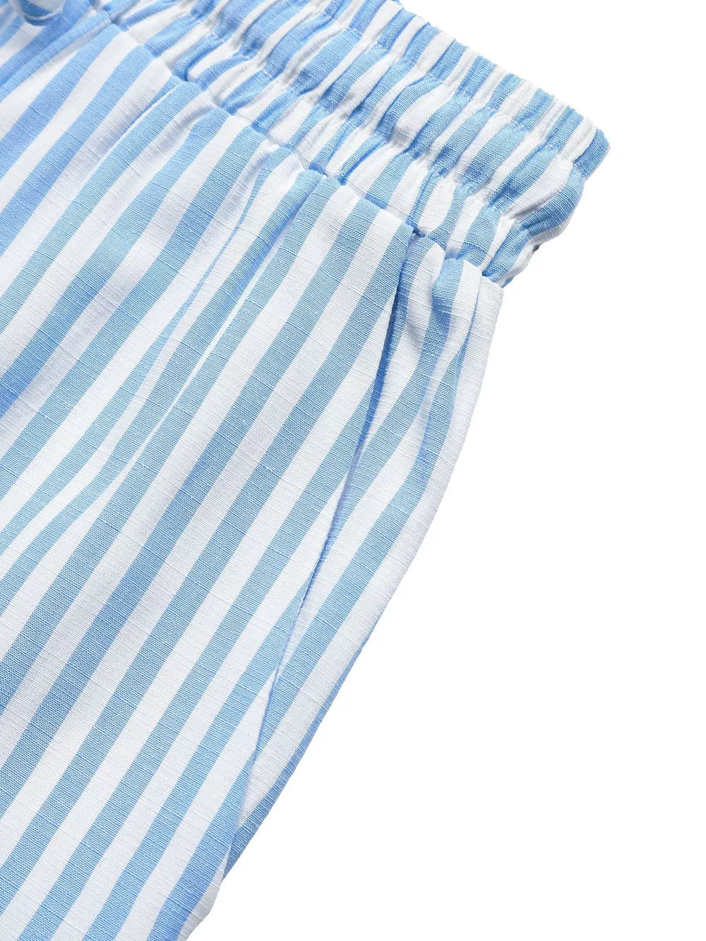 Blue and white striped drawstring shorts with elastic waistband detail.