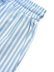 Blue and white striped drawstring shorts with elastic waistband detail.