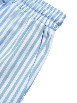 Blue and white striped drawstring shorts with elastic waistband detail.