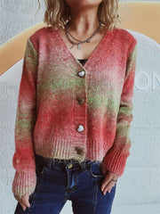 Ombre knit cardigan with heart buttons and v-neck.