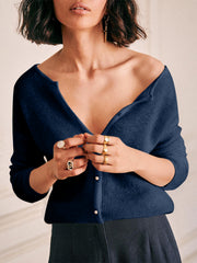 Dark Blue cashmere cardigan with plunging neckline and button front detail