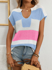 Notched short sleeve knit top in blue, white, and pink stripes.