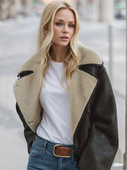 Shearling-trimmed oversized aviator jacket in chocolate with a cream shearling lining and collar.