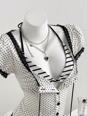 Polka Dot Lace Trim Puff Sleeve Top, close-up detail