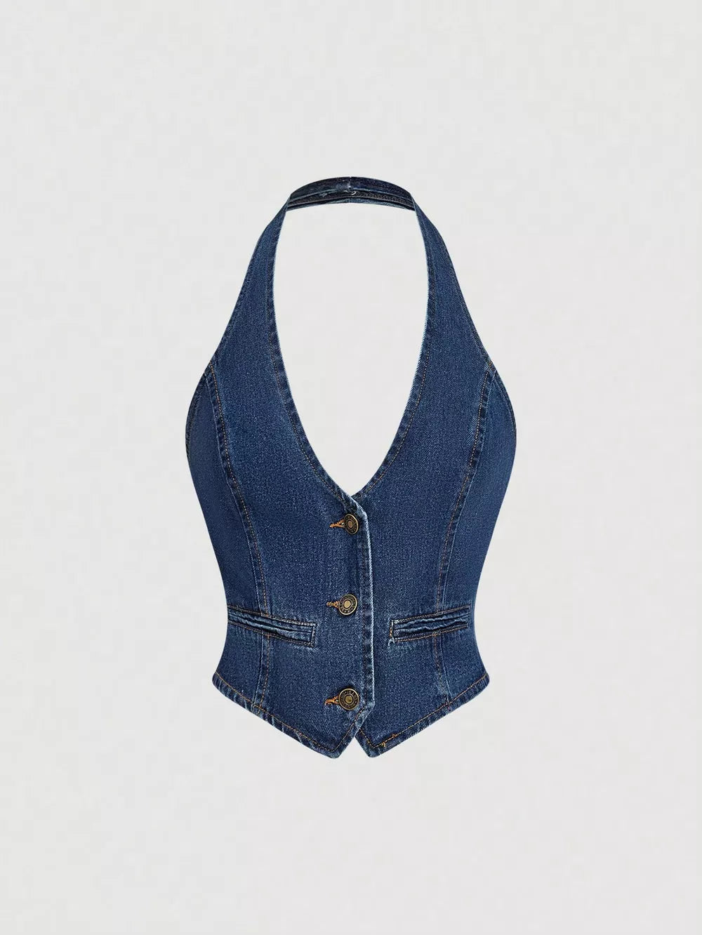 Halter Neck Denim Vest And Wide-leg Jeans Set, close-up detail