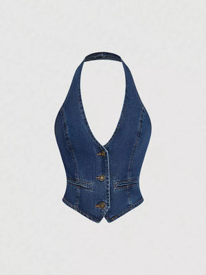 Halter Neck Denim Vest And Wide-leg Jeans Set, close-up detail
