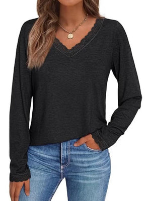 Dark Gray long sleeve t-shirt with lace trim V-neck and cuffs.