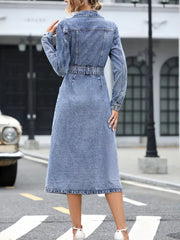 Belted Long Sleeve Denim Dress, side view