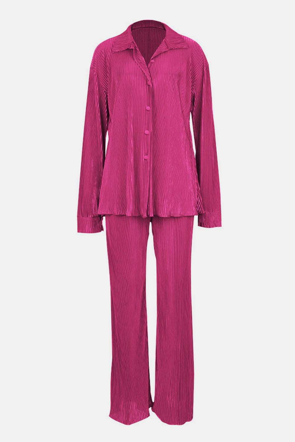 Fuchsia pink pleated shirt and wide-leg trouser set with button front and collar