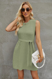 Sage belted knit tank dress with A-line cut and crew neck