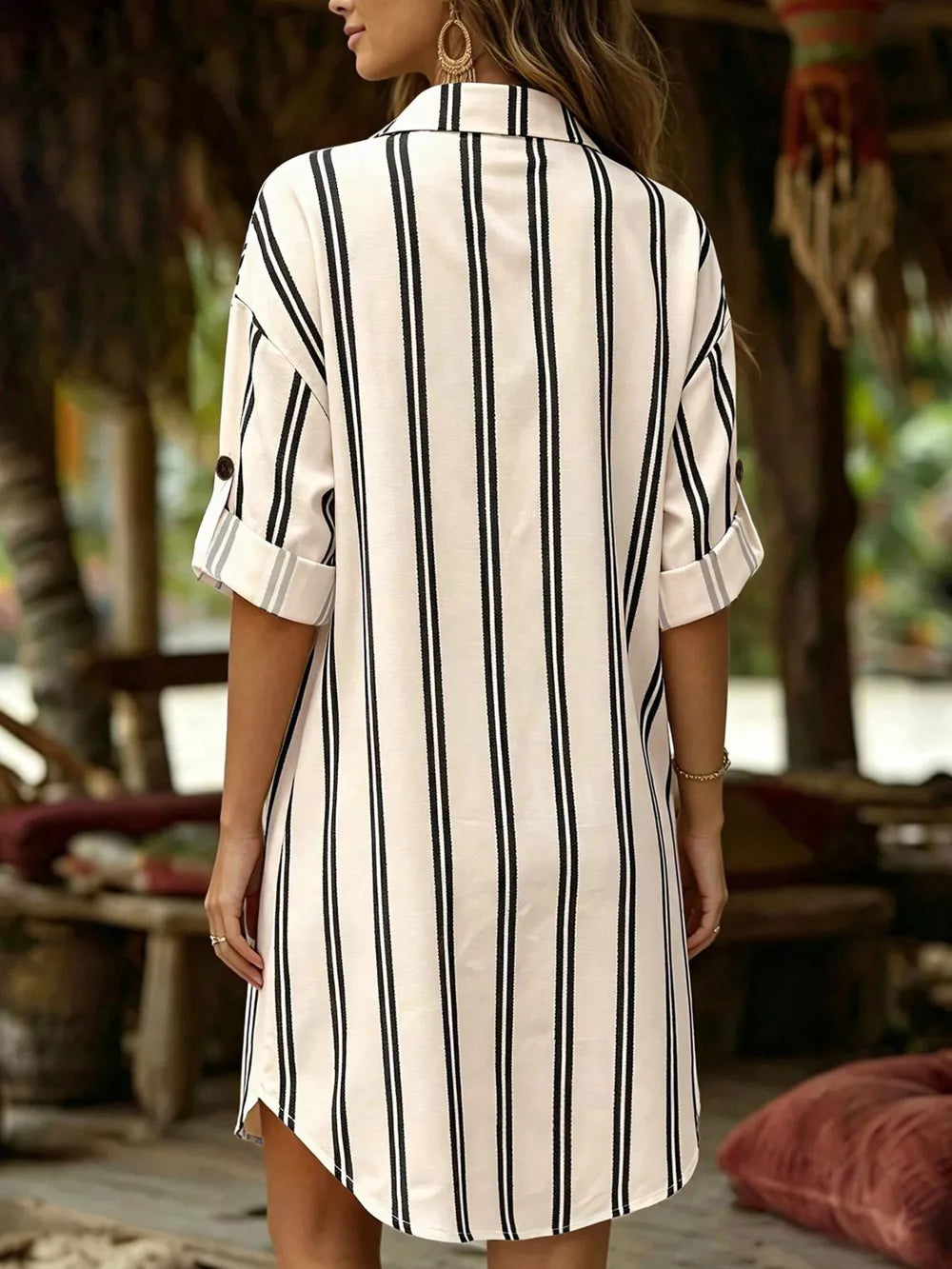 Striped Button-down Shirt Dress in Multicolor, close-up detail