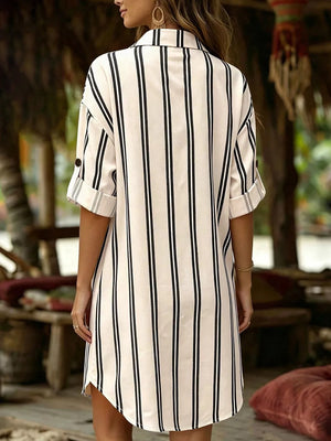 Striped Button-down Shirt Dress in Multicolor, close-up detail