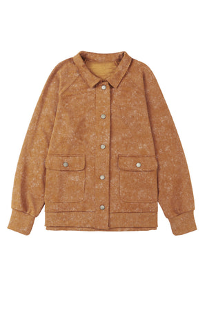 Washed cotton utility jacket in caramel with two chest pockets and button front.