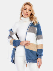 Teddy fleece zip-up jacket with color block stripes in blue, tan, white, and gray.