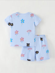 Light blue cotton toddler tee and shorts set with a colorful floral print.