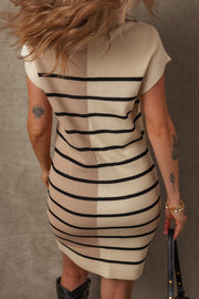 Colorblock ribbed mini dress with black stripes, short sleeves, and zip-neck detail.