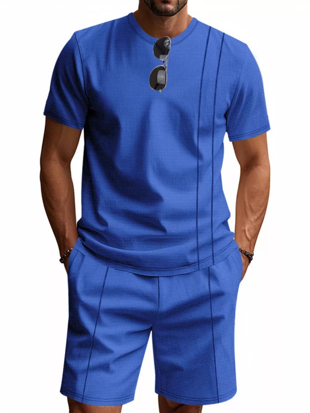 Royal blue waffle-knit two-piece set with crew neck t-shirt and shorts.