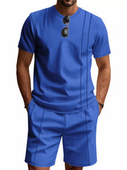 Royal blue waffle-knit two-piece set with crew neck t-shirt and shorts.
