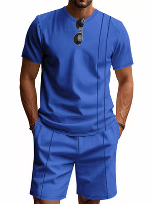 Royal blue waffle-knit two-piece set with crew neck t-shirt and shorts.