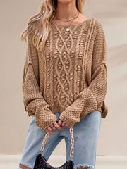 camel pullover sweater with cable knit and crew neck