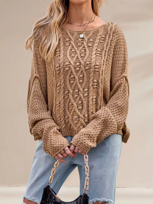 camel pullover sweater with cable knit and crew neck
