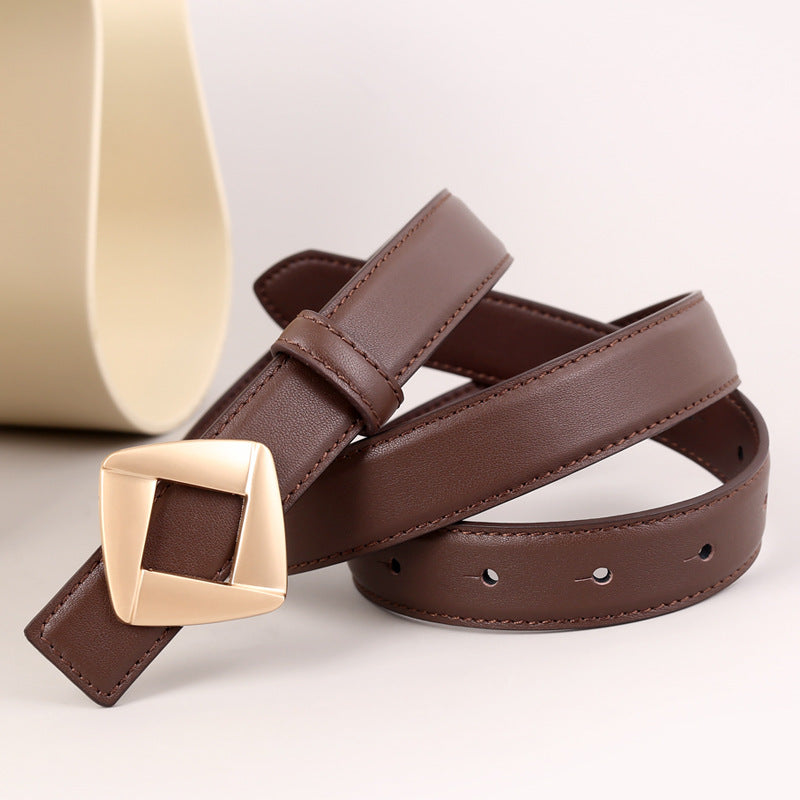 Brown leather belt with a sleek geometric gold buckle.