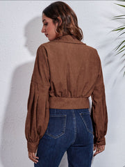 Brown corduroy cropped jacket with balloon sleeves and button detail