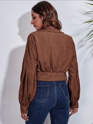 Brown corduroy cropped jacket with balloon sleeves and button detail