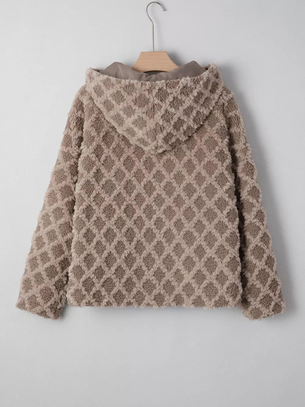Textured sherpa fleece hooded jacket in tan with diamond pattern