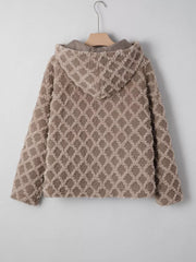Textured sherpa fleece hooded jacket in tan with diamond pattern