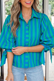 Blue and green striped cotton button-up shirt with puff sleeves and tie cuffs