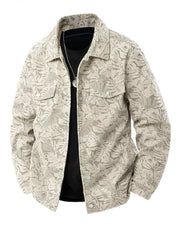 Plus-size corduroy jacket in light khaki with a leaf print, buttoned front and chest pockets.